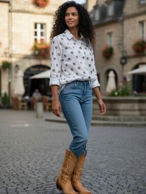 Talbots White Button-Down Shirt with Brown Floral Print
